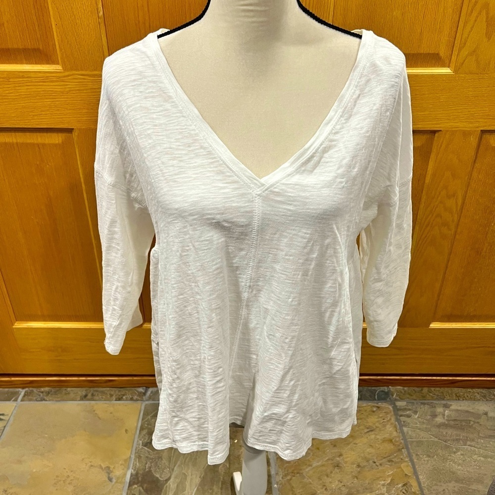 Caslon White Slub Knit V-Neck Tunic Top Center Seam Cotton Medium